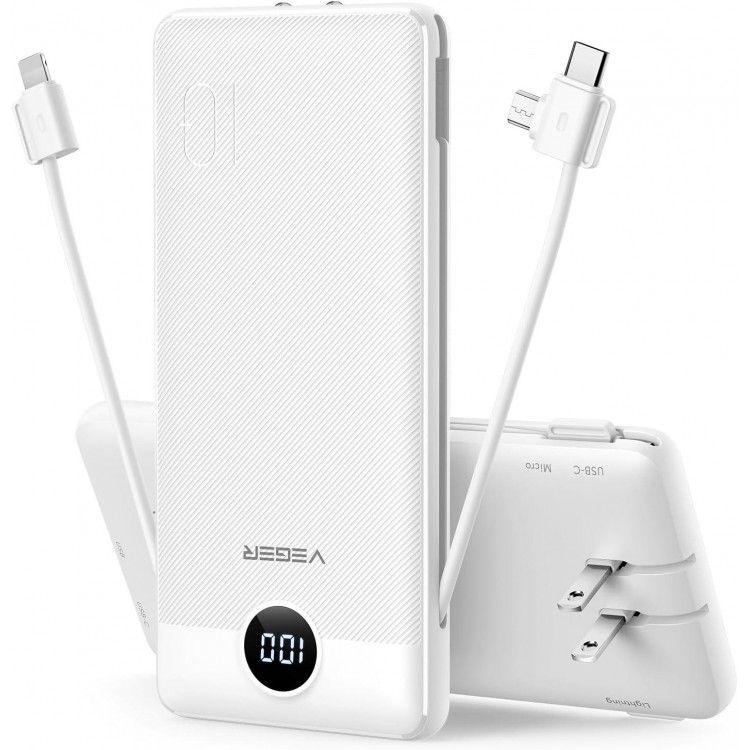 VEGER Portable Charger for iPhone Built in Cables Fast Charging USB C Slim 10000 Power Bank, Wall Plug USB Battery Pack