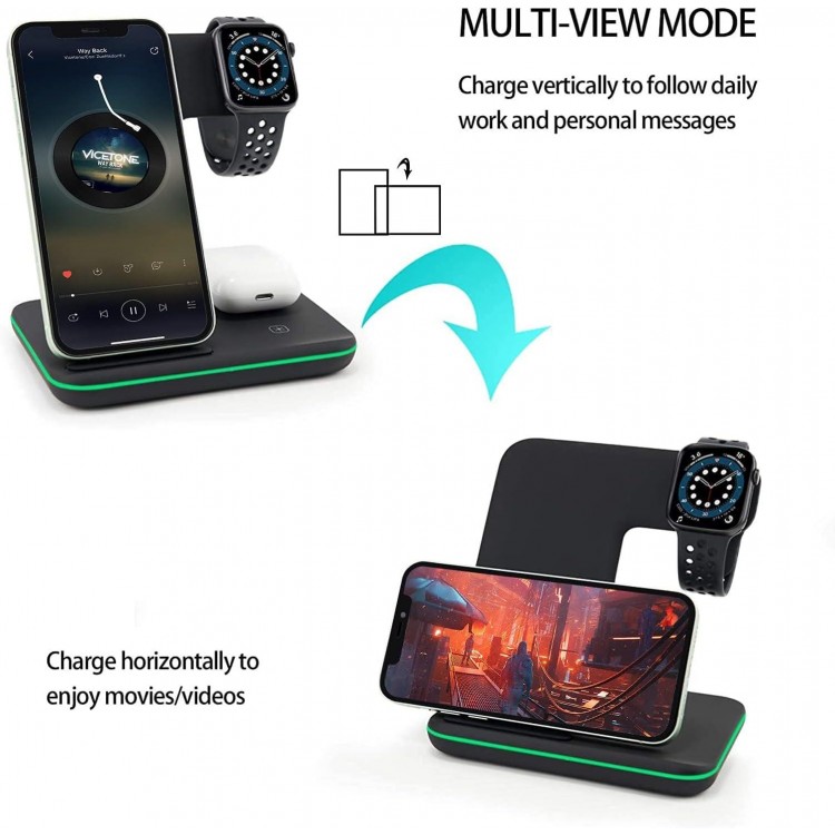 Wireless Charging Station, 3 in 1 Wireless Charger Stand Dock for Apple Watch 8 7 6 5 4 3 2 SE, Airpods 3 2 Pro