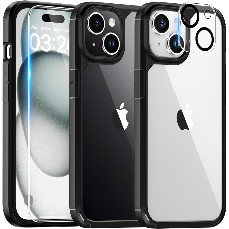 TAURI 5 in 1 Designed for iPhone 15 Case, with 2X Screen Protectors 2X Camera Lens Protectors, shockproof Slim Case for iPhone 15