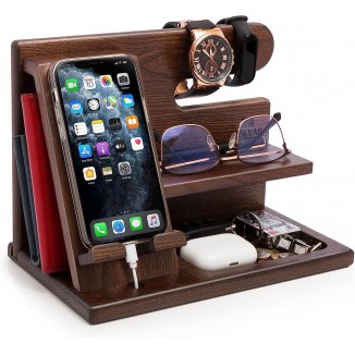 TESLYAR Wood Phone Docking Station Ash Key Holder Wallet Stand