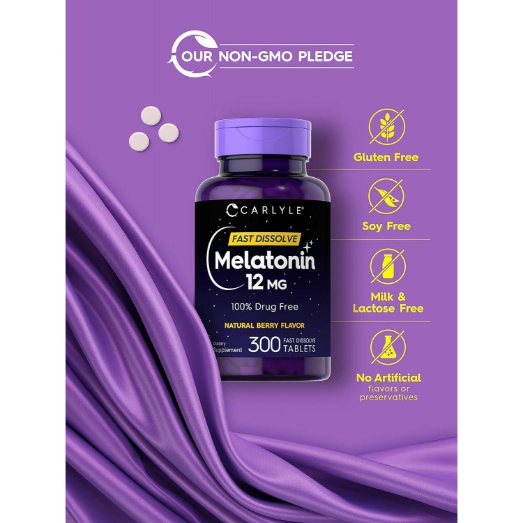 Carlyle Melatonin 12 mg Fast Dissolve 300 Tablets | Drug Free | Natura