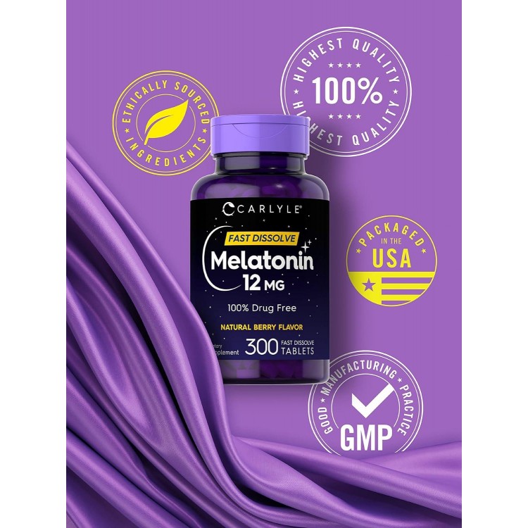 Carlyle Melatonin 12 mg Fast Dissolve 300 Tablets | Drug Free | Natura