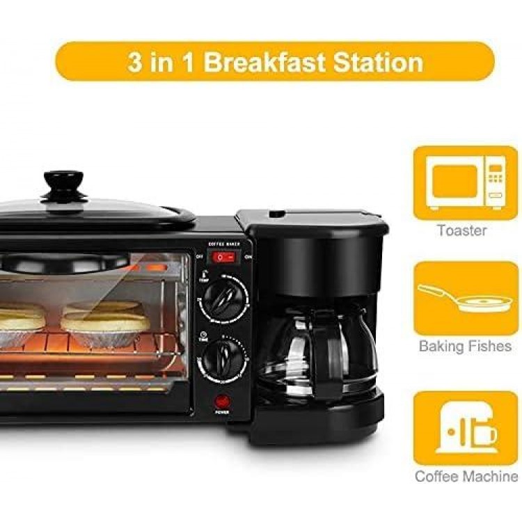 3 in 1 Breakfast Maker Station Hub 1050W 9L With(1050W 4 Cup Espresso Coffee Maker, Multi Function 9L Toaster Oven)