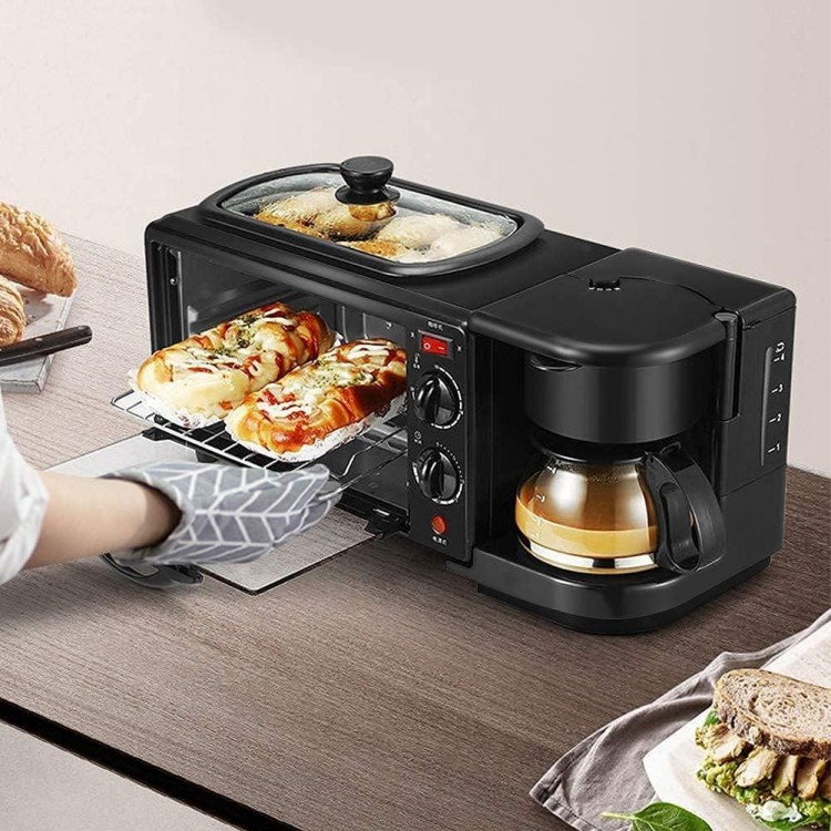 3 in 1 Breakfast Maker Station Hub 1050W 9L With(1050W 4 Cup Espresso Coffee Maker, Multi Function 9L Toaster Oven)