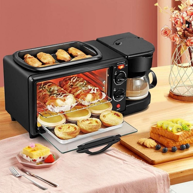 3 in 1 Breakfast Maker Station Hub 1050W 9L With(1050W 4 Cup Espresso Coffee Maker, Multi Function 9L Toaster Oven)