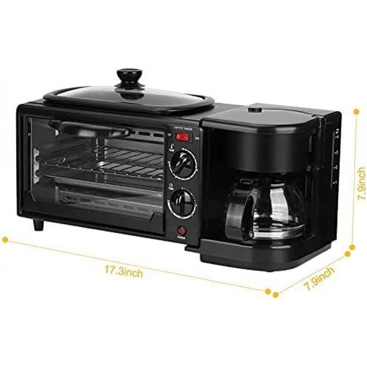 3 in 1 Breakfast Maker Station Hub 1050W 9L With(1050W 4 Cup Espresso Coffee Maker, Multi Function 9L Toaster Oven)