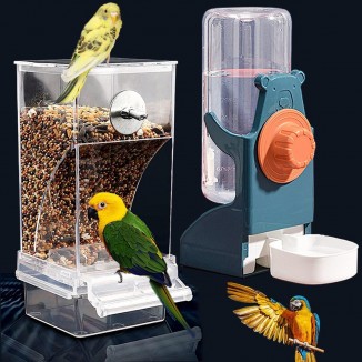 Kenond No Mess Bird Feeder Water Dispenser Set, Automatic Parrot Feeder Cage Accessories, Clear Parakeet Seed Container Food Feeder Drinker