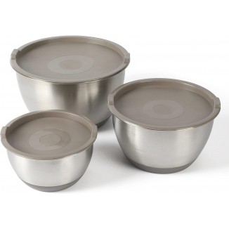 MARTHA STEWART Rhinewell Mirror Polish 6 Piece Stainless Steel Mixing Bowls with Lid and Non-Slip Base - Grey