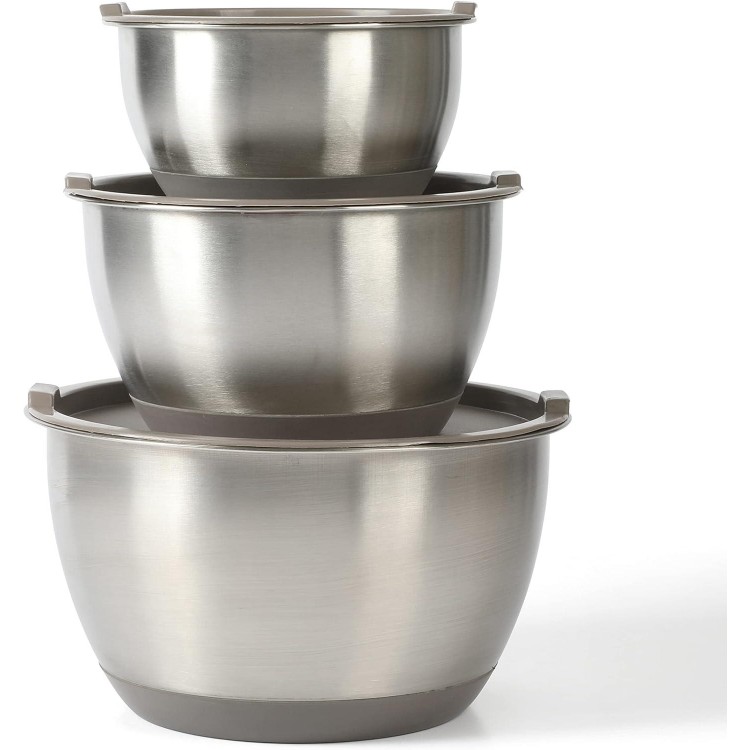 MARTHA STEWART Rhinewell Mirror Polish 6 Piece Stainless Steel Mixing Bowls with Lid and Non-Slip Base - Grey