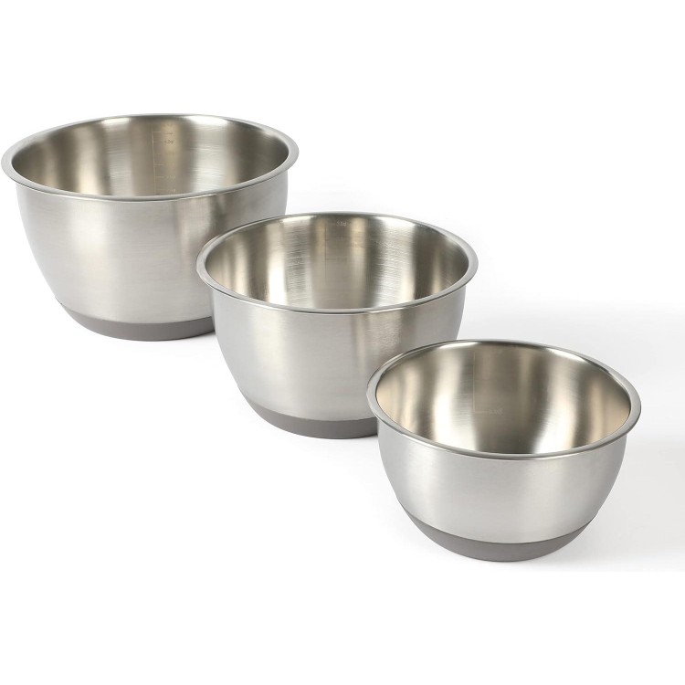 MARTHA STEWART Rhinewell Mirror Polish 6 Piece Stainless Steel Mixing Bowls with Lid and Non-Slip Base - Grey