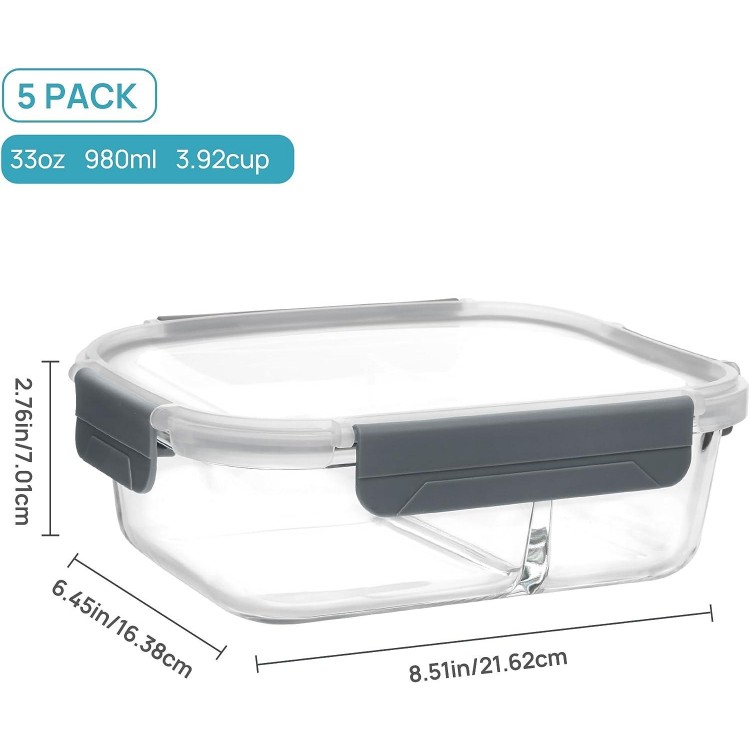 Vtopmart 5Pack 33oz Glass Food Storage Containers with Lids