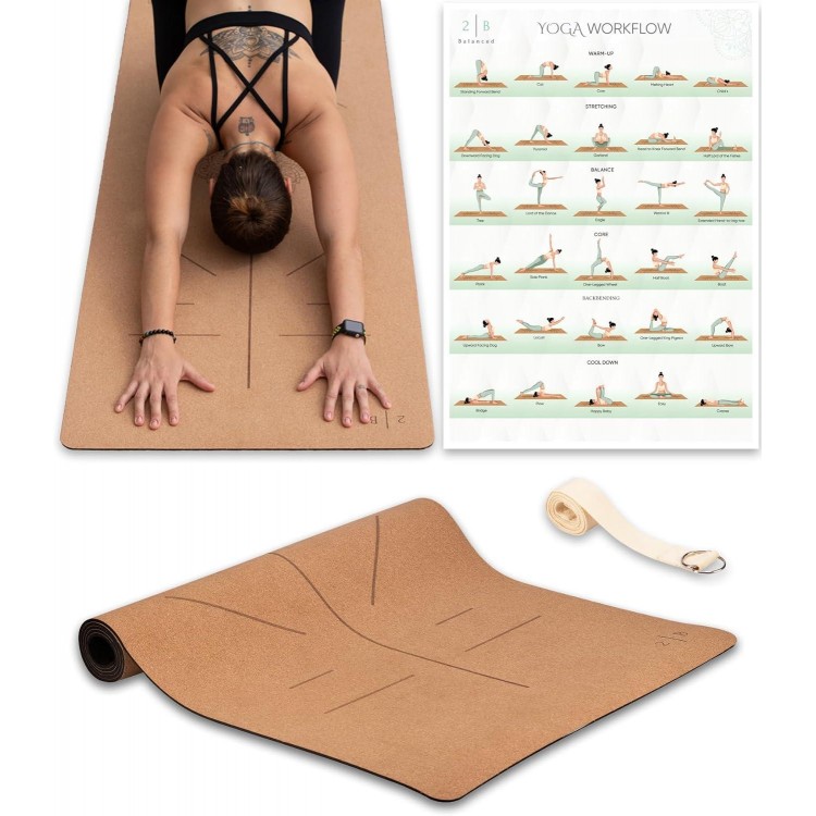2B Balanced - Premium Cork Yoga Mat - Designed by Professionals Yogis - Stays Flat Due to more Weight - Natural Cork & Rubber - Includes Poster