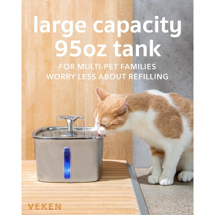 Veken Stainless Steel Cat Water Fountain, 95oz/2.8L Automatic Pet Fountain Dog Water Dispenser with Replacement Filters & Silicone Mat