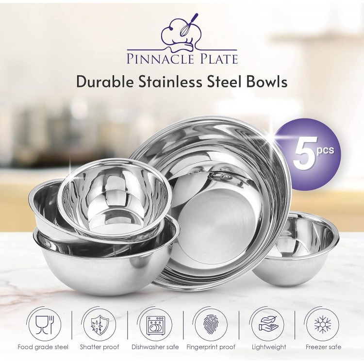 Pinnacle Plate Stainless Steel Mixing Bowls - 5 Pack Nesting Baking Supplies for Cooking, Serving, Food Prep