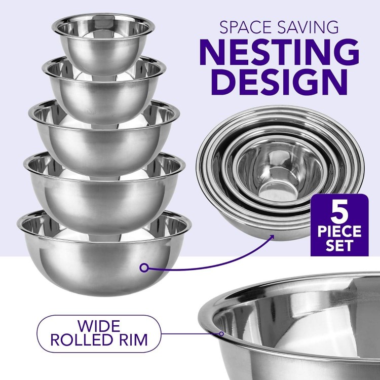 Pinnacle Plate Stainless Steel Mixing Bowls - 5 Pack Nesting Baking Supplies for Cooking, Serving, Food Prep