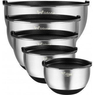 Wildone Mixing Bowls with Airtight Lids, Stainless Steel Nesting Mixing Bowls Set of 5, with Non-slip Silicone Bottoms