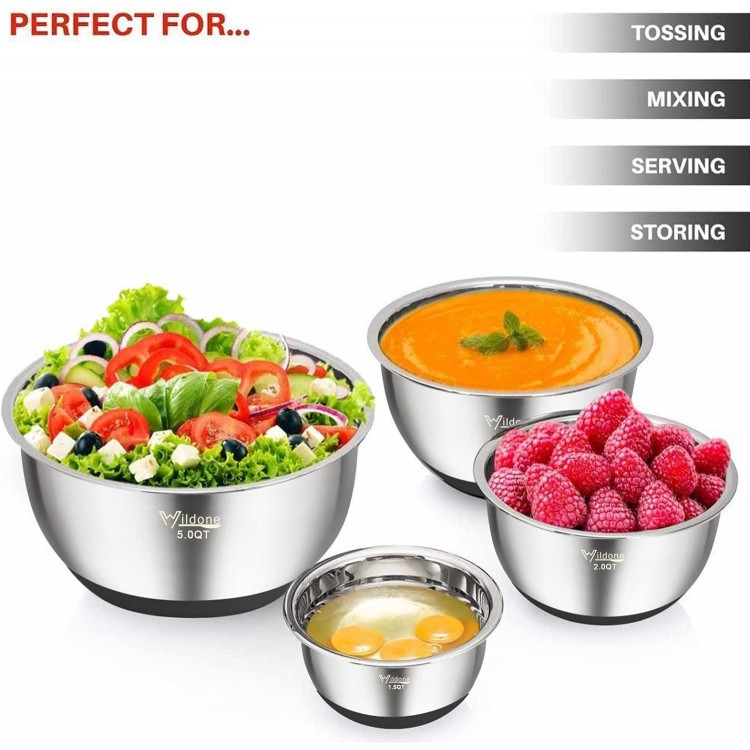 Wildone Mixing Bowls with Airtight Lids, Stainless Steel Nesting Mixing Bowls Set of 5, with Non-slip Silicone Bottoms