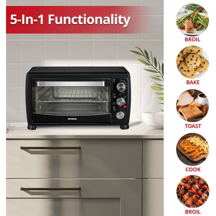 Aiwa 1400W Toaster Oven 6 Slice with Baking Tray, Air Fry Bake Toast Cook and Broil, Temperature Control, 60 Minute Timer Knob