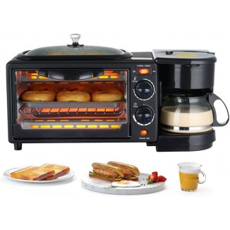 3 in 1 Breakfast Station, Toaster with Frying Pan, Portable Oven Breakfast Maker with Coffee Machine, Non Stick Die Cast Grill/Griddle