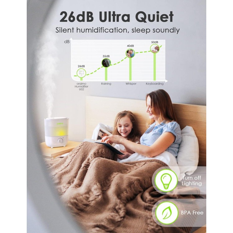 Oraimo Humidifiers for Bedroom, Top Fill Cool Mist Humidifier