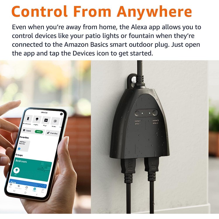 Basics Outdoor Smart Plug with 2 Individually Controlled Outlets, 2.4 GHz Wi-Fi, Works with Alexa Only, Black, 3.72 x 1.81 x 4.94 inches