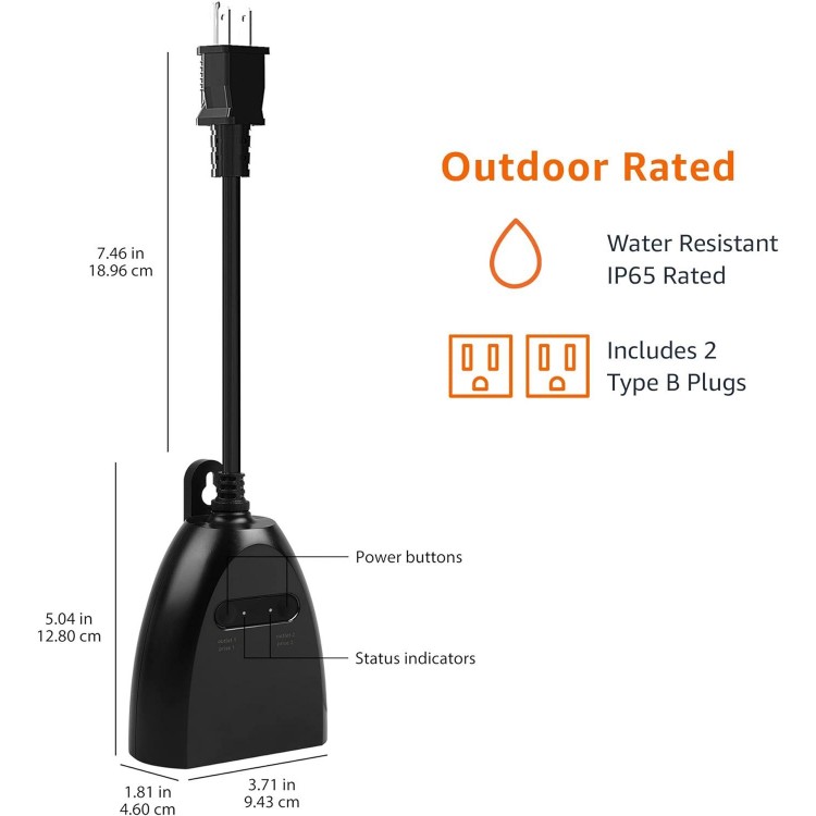 Basics Outdoor Smart Plug with 2 Individually Controlled Outlets, 2.4 GHz Wi-Fi, Works with Alexa Only, Black, 3.72 x 1.81 x 4.94 inches