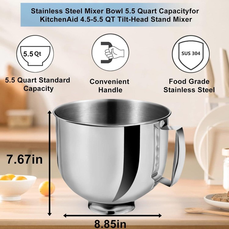 5.5 Quart Stainless Steel Mixer Bowl for KitchenAid Stand Mixers, Compatible with 4.5 & 5 QT KitchenAid Tilt-Head Mixers