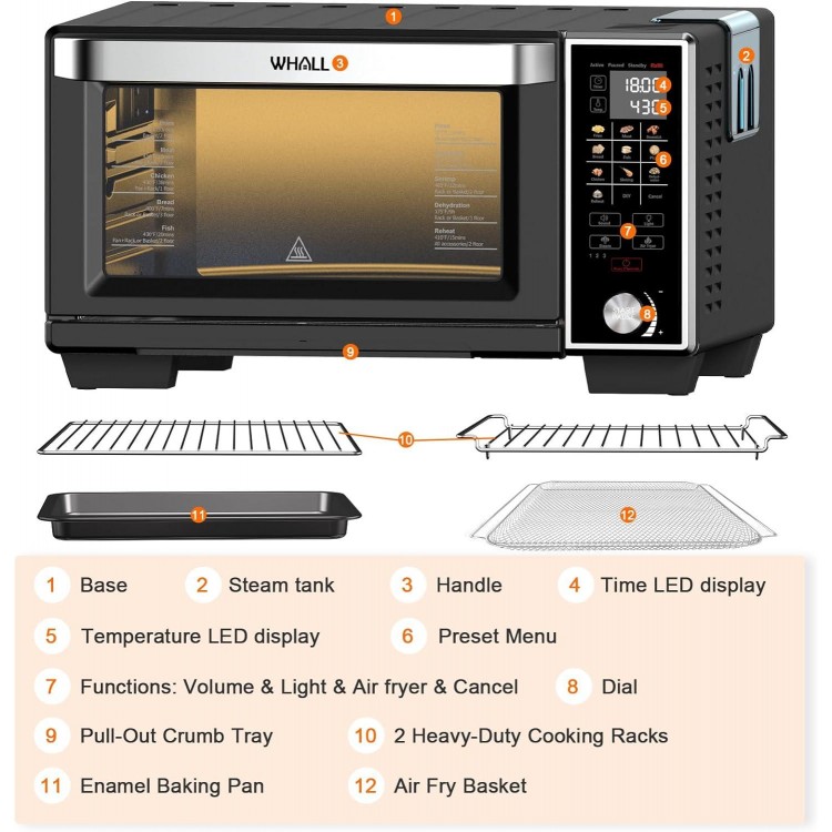 WHALL Toaster Oven Air Fryer, Max XL Large 30-Quart Smart Oven