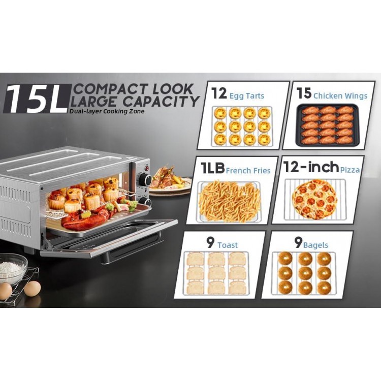 Unichefry Toaster Oven Air Fryer Combo with 4 Accessories, 1800W 15L Countertop Convection Toster Oven Fits 9 Slices