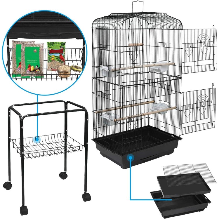 SUPER DEAL 59.3 Rolling Bird Cage Large Wrought Iron Cage for Cockatiel Sun Conure Parakeet Finch Budgie Lovebird Canary Medium Pet House