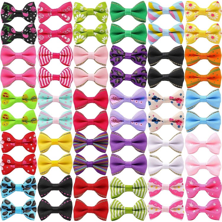 YAKA 60PCS (30 Paris) Cute Puppy Dog Small Bowknot Hair Bows with Metal Clips Handmade Hair Accessories Bow Pet Grooming Products