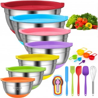 CHAREADA Mixing Bowls with Airtight Lids, 18pcs Stainless Steel Nesting Colorful Mixing Bowls Set Non-slip Silicone Bottom