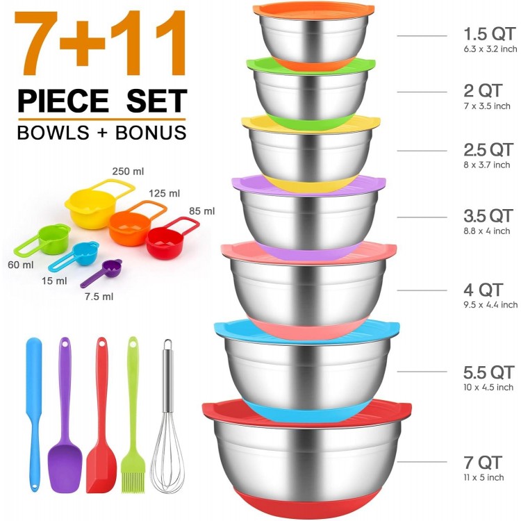 CHAREADA Mixing Bowls with Airtight Lids, 18pcs Stainless Steel Nesting Colorful Mixing Bowls Set Non-slip Silicone Bottom