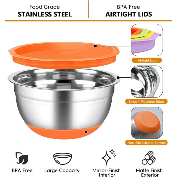 CHAREADA Mixing Bowls with Airtight Lids, 18pcs Stainless Steel Nesting Colorful Mixing Bowls Set Non-slip Silicone Bottom