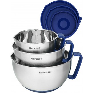 Rorence Mixing Bowls Set: Stainless Steel Non-Slip Bowls with Pour Spout, Handle and Lid - Set of 3 - Blue