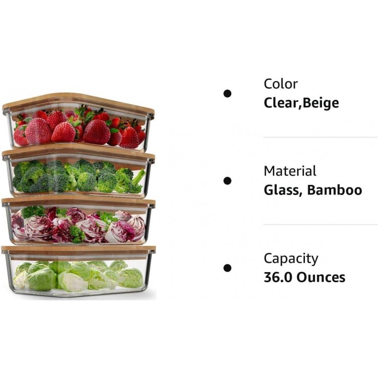 Glass Food Storage Containers with Bamboo Lids (4 Pack, 36 Ounce)