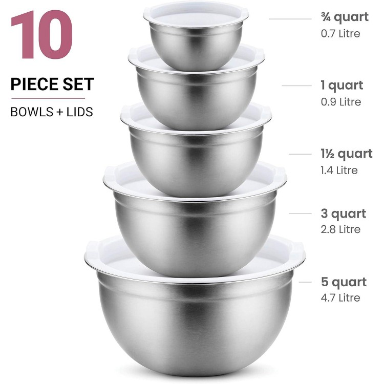 FineDine Stainless Steel Mixing Bowls Set with Lids, Home Kitchen Cooking Essentials Household Must Haves for Baking, 5 Pieces