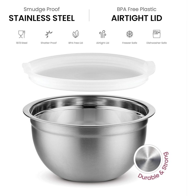FineDine Stainless Steel Mixing Bowls Set with Lids, Home Kitchen Cooking Essentials Household Must Haves for Baking, 5 Pieces