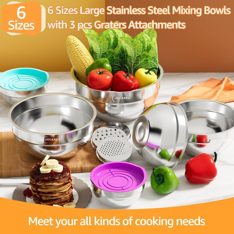 JSCARES 6pc Stainless Steel Mixing Bowls with Airtight Lids and 3 Graters - Colorful, Airtight, 0.7QT to 4.5QT