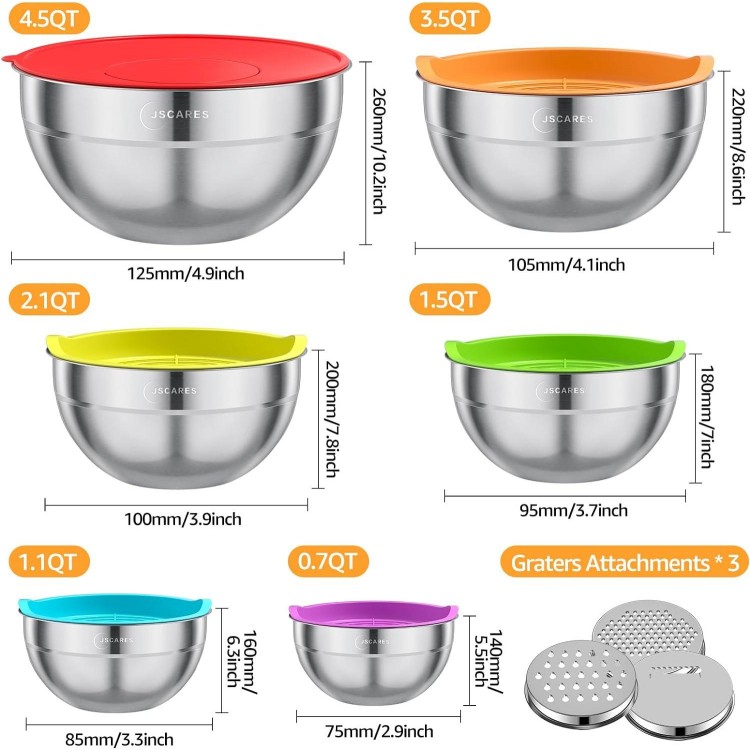 JSCARES 6pc Stainless Steel Mixing Bowls with Airtight Lids and 3 Graters - Colorful, Airtight, 0.7QT to 4.5QT