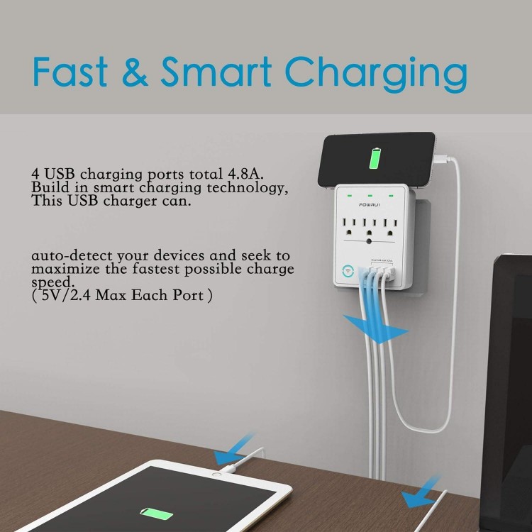 Smart Plug（2.4G Only）, USB Wall Charger, POWRUI WiFi Surge Protector with 4 USB Charging Ports(4.8A 24W Total) and 3 Smart Outlet Extender, Compatible with Alexa Google Assistant for Voice Control