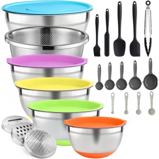 Naitesen 28PCS Mixing Bowls with Lids Colander Set, Stainless Steel Nesting Bowls with Measuring Spoons