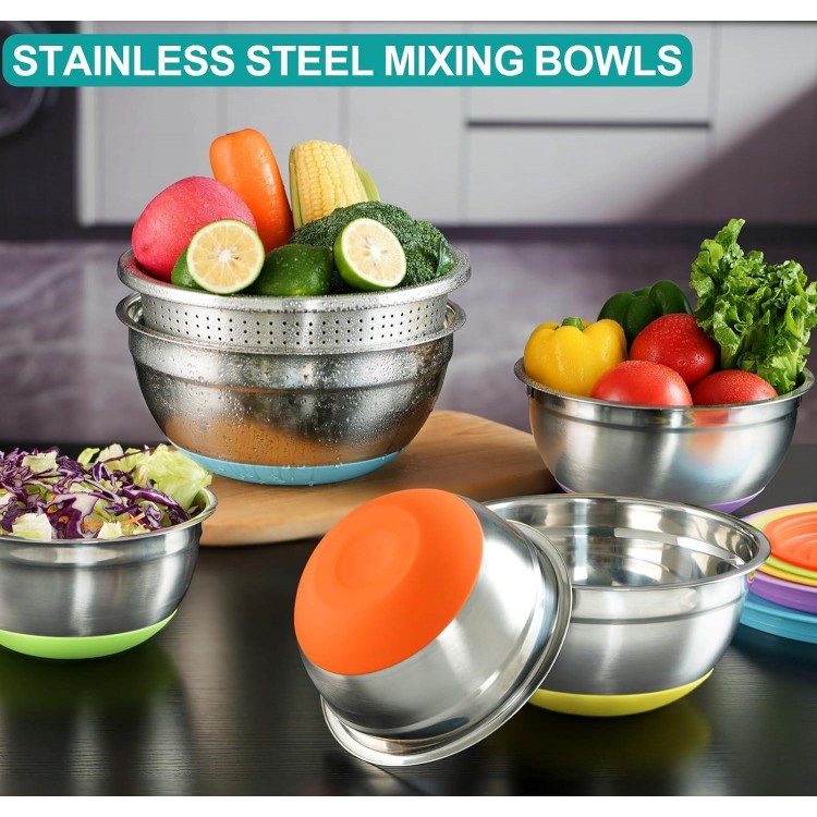 Naitesen 28PCS Mixing Bowls with Lids Colander Set, Stainless Steel Nesting Bowls with Measuring Spoons