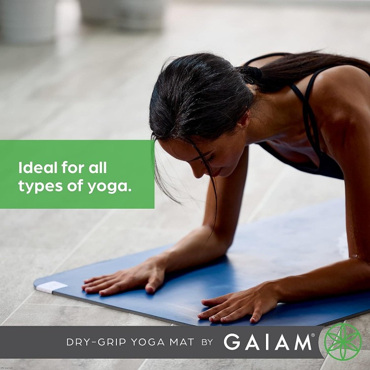 Gaiam Dry-Grip Yoga Mat - 5mm Thick Non-Slip Exercise & Fitness Mat for Standard or Hot Yoga, Pilates and Floor Workouts - Cushioned Support