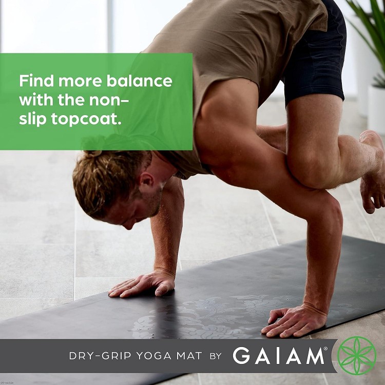 Gaiam Dry-Grip Yoga Mat - 5mm Thick Non-Slip Exercise & Fitness Mat for Standard or Hot Yoga, Pilates and Floor Workouts - Cushioned Support