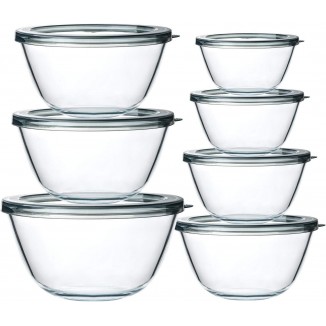 M MCIRCO Glass Salad Bowls with Lids-14-Piece Set, Salad Bowls with Lids, Space Saving Nesting Bowls - for Meal Prep