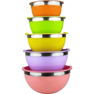 Raking Stainless Steel Mixing Bowls With Colorful Lids (Set of 5), Large Capacity Nesting Metal Bowls for Space Saving Storage