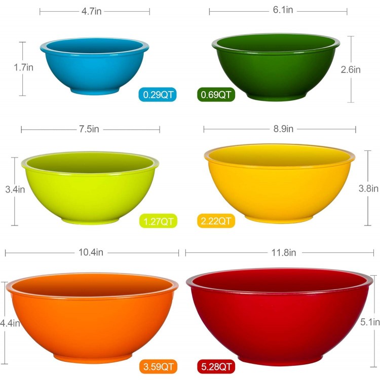 YIHONG 6 Pcs Plastic Mixing Bowls Set, Colorful Serving Bowls for Kitchen, Ideal for Baking, Prepping, Cooking