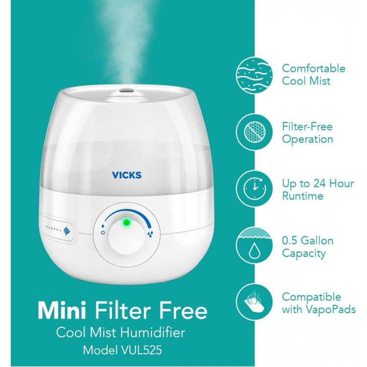 Vicks Mini Filter Free Cool Mist Humidifier, Variable Mist Control