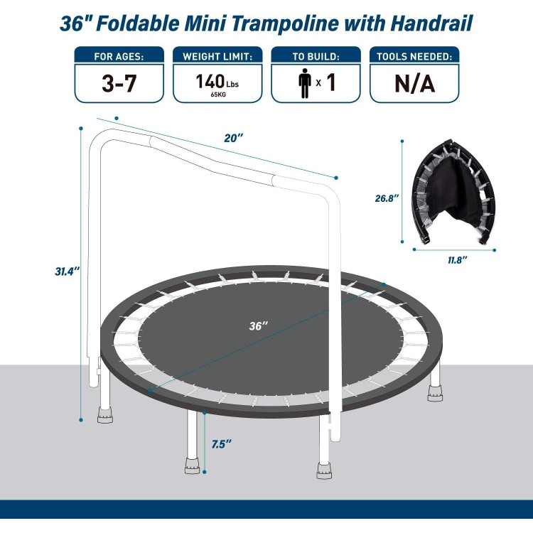 Dpforest Foldable Trampoline for Kids Fitness Exercise Training with Safe Pad Cover,36 Inch Mini Trampoline with Handrail Withstand up to 140 lbs